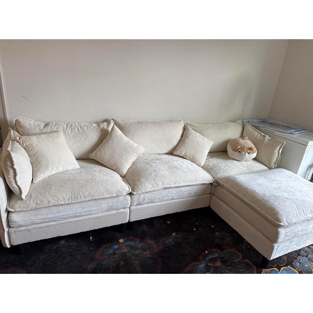 Korser 105" L-Shaped Modular Sectional Sofa, 3-Seater Cloud Couch with 1 Movable Ottoman, Modern Chenille Sofa Set with Removable Washable Pillows for Living Room, Bedroom, Apartment