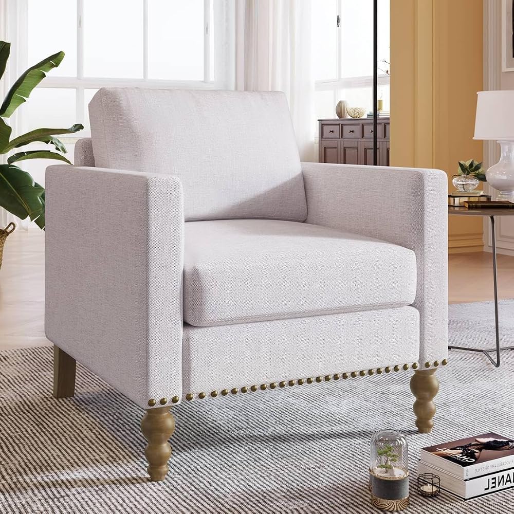 Linen Armchair Accent Chair with Bronze Nailhead Trim Legs Single Sofa