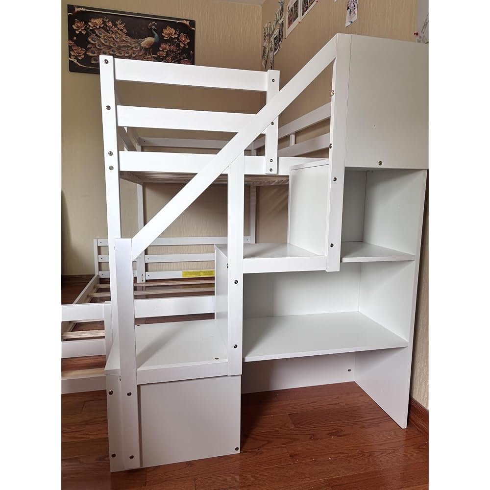 GIANTEX Twin Over Twin Bunk Bed with Stairs, Solid Wood Floor Bunk Bed with Storage Staircase & Full-Length Guardrails, Low Bunk Bed with for Kids, Teens, Adults, Dorm, Small Space, White