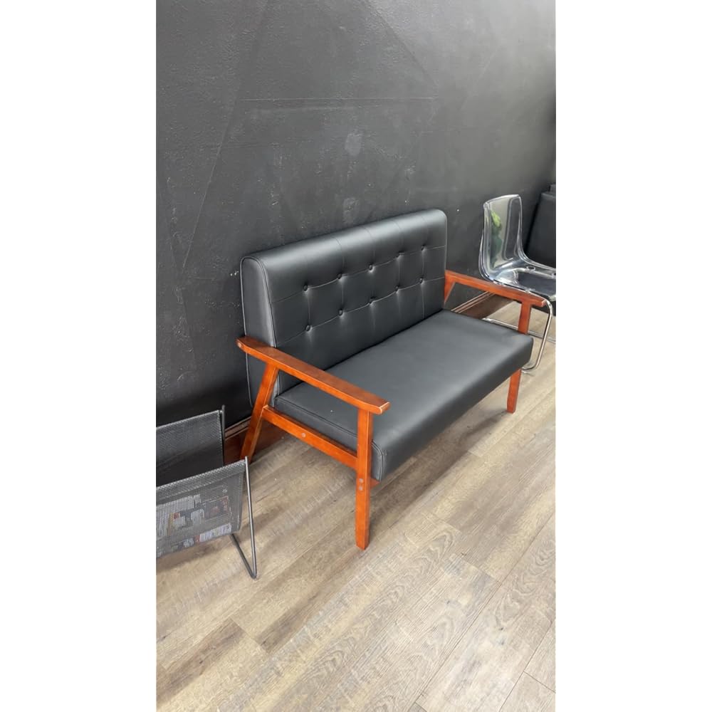 STHOUYN Black Small Leather Couch, 2 Seater Loveseat with Wooden Armrest