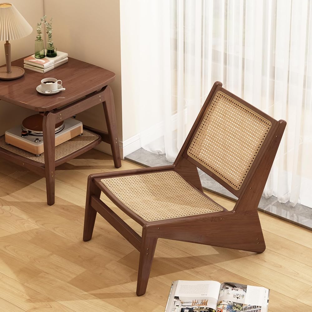 Furlide Rattan Accent Chair, Compact Low-Profile Bamboo Chair in Walnut