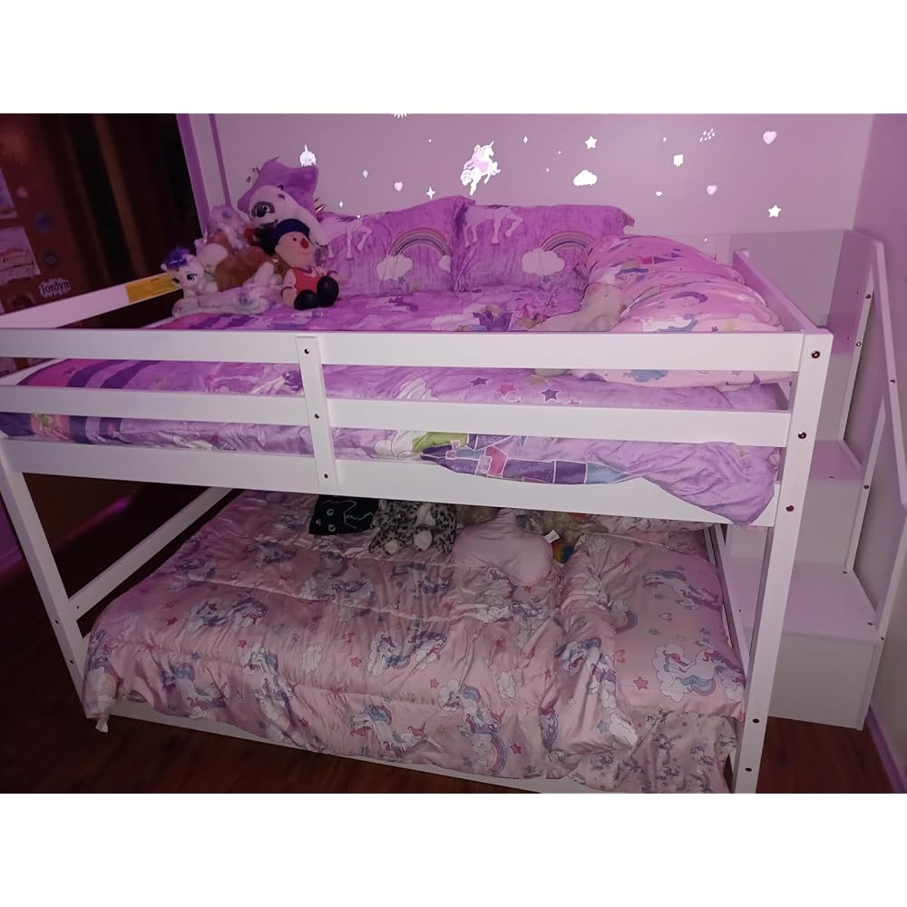 GIANTEX Twin Over Twin Bunk Bed with Stairs, Solid Wood Floor Bunk Bed with Storage Staircase & Full-Length Guardrails, Low Bunk Bed with for Kids, Teens, Adults, Dorm, Small Space, White