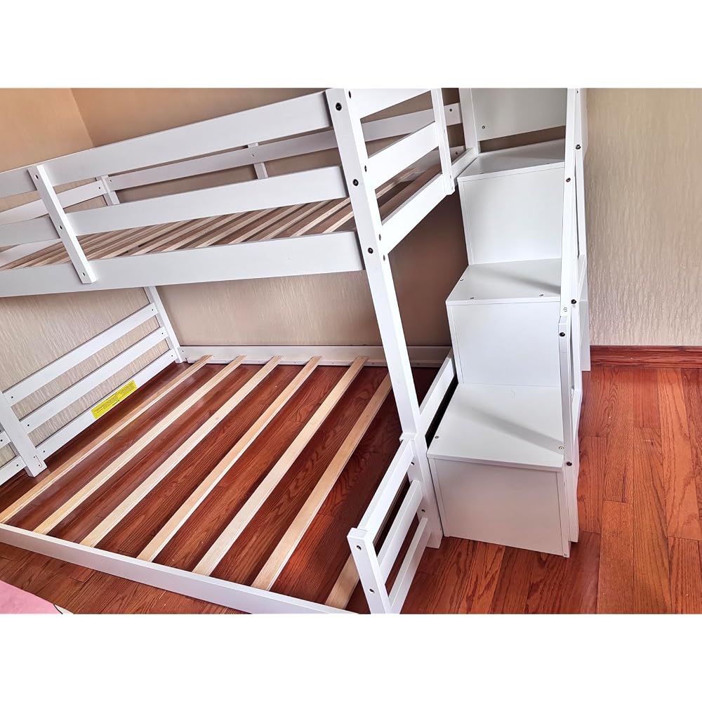 GIANTEX Twin Over Twin Bunk Bed with Stairs, Solid Wood Floor Bunk Bed with Storage Staircase & Full-Length Guardrails, Low Bunk Bed with for Kids, Teens, Adults, Dorm, Small Space, White