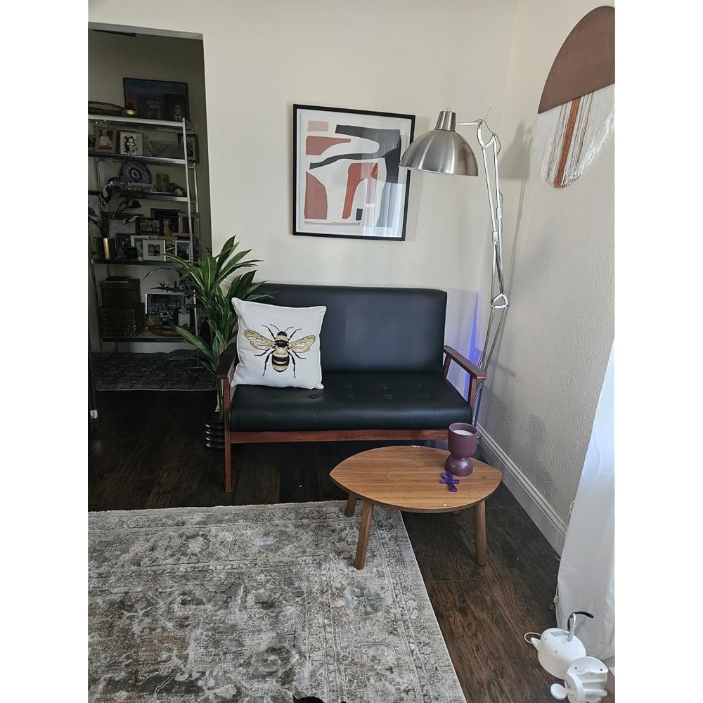 STHOUYN Black Small Leather Couch, 2 Seater Loveseat with Wooden Armrest
