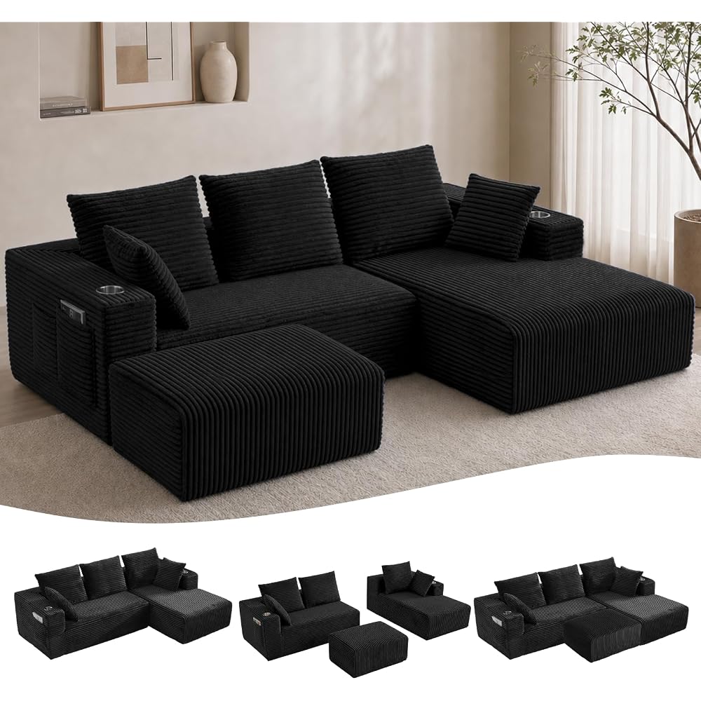 95" Boneless Couch, U-Shaped Modular Sectional Sofa with Ottoman