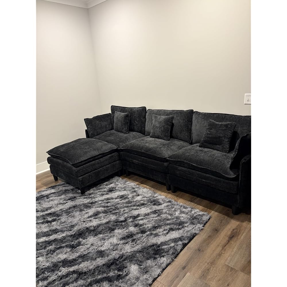 Korser 105" L-Shaped Modular Sectional Sofa, 3-Seater Cloud Couch with 1 Movable Ottoman, Modern Chenille Sofa Set with Removable Washable Pillows for Living Room, Bedroom, Apartment