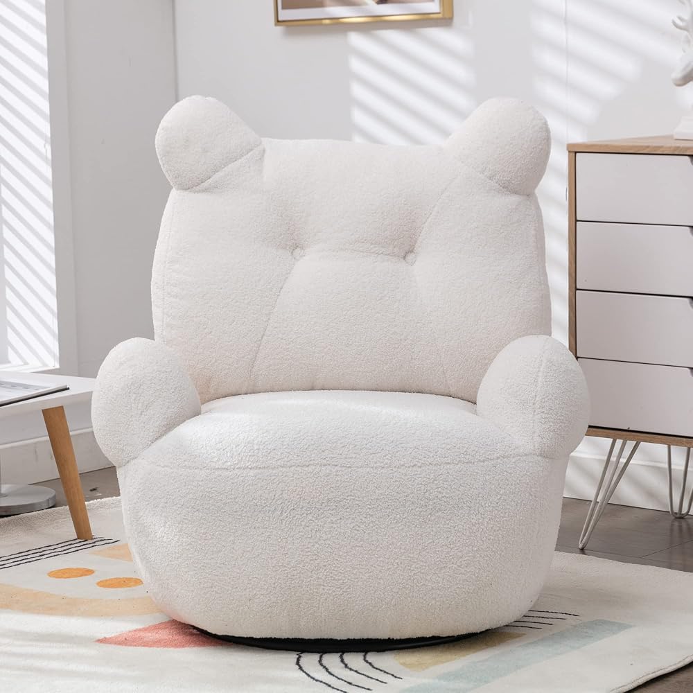 Accent Chair for Living Room, Velvet Swivel Accent Chair, Teddy Short Plush Particle Armchair 360° Swivel Barrel Chairs for Hotel/Bedroom/Office/Lounge (White)