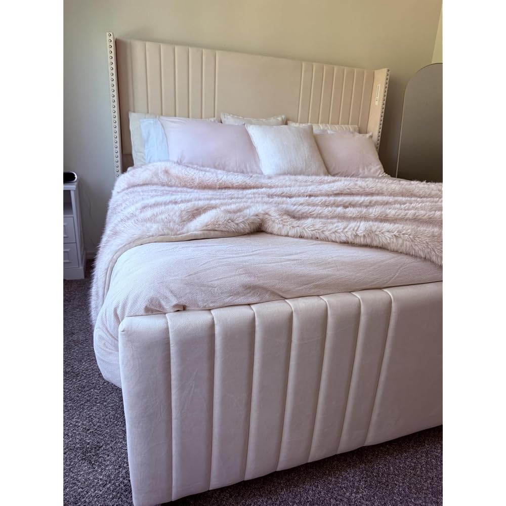 Belffin 59" Tall Queen Size Platform Bed Frame with 2 Touch Lights, Beige