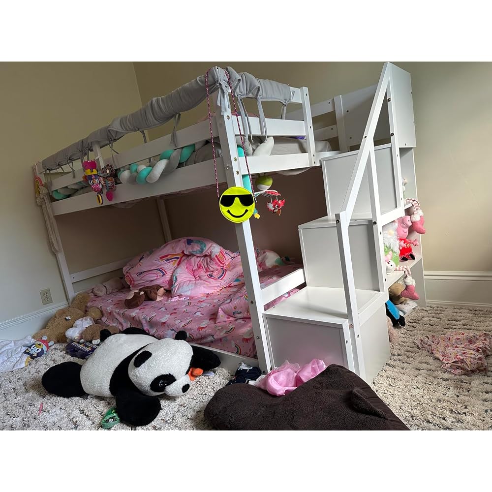 GIANTEX Twin Over Twin Bunk Bed with Stairs, Solid Wood Floor Bunk Bed with Storage Staircase & Full-Length Guardrails, Low Bunk Bed with for Kids, Teens, Adults, Dorm, Small Space, White