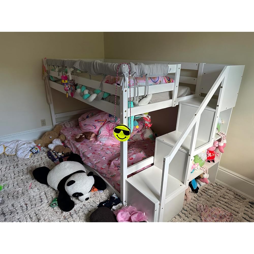 GIANTEX Twin Over Twin Bunk Bed with Stairs, Solid Wood Floor Bunk Bed with Storage Staircase & Full-Length Guardrails, Low Bunk Bed with for Kids, Teens, Adults, Dorm, Small Space, White
