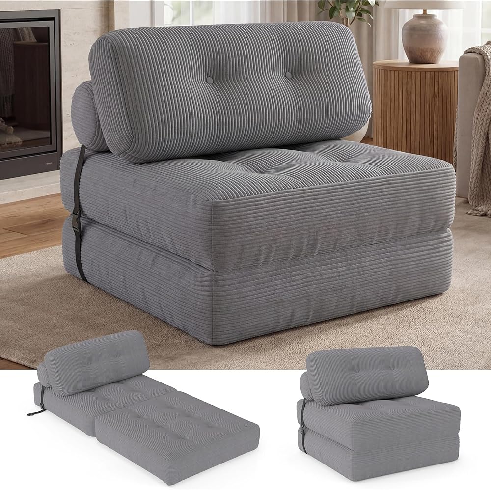 GIANTEX Folding Sofa Bed, Convertible Sleeper Chair with Pillow, Tufted Fold Out Chair Bed w/Back Support, Corduroy Cover, Fixing Straps, Comfy Floor Sofa for Living Room, Bedroom, Guest Room (Grey)