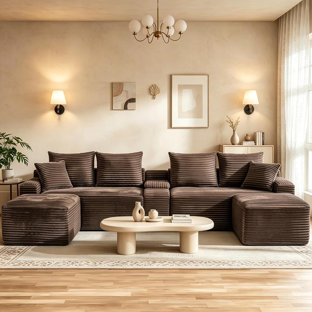 127" U Shaped Cloud Couch Modular Sectional Sofa, Comfy Fluffy Corduroy Brown Boneless Sectional Couches for Living Room, Modern Cloud Sofas with Cup Holders & USB Port, Brown