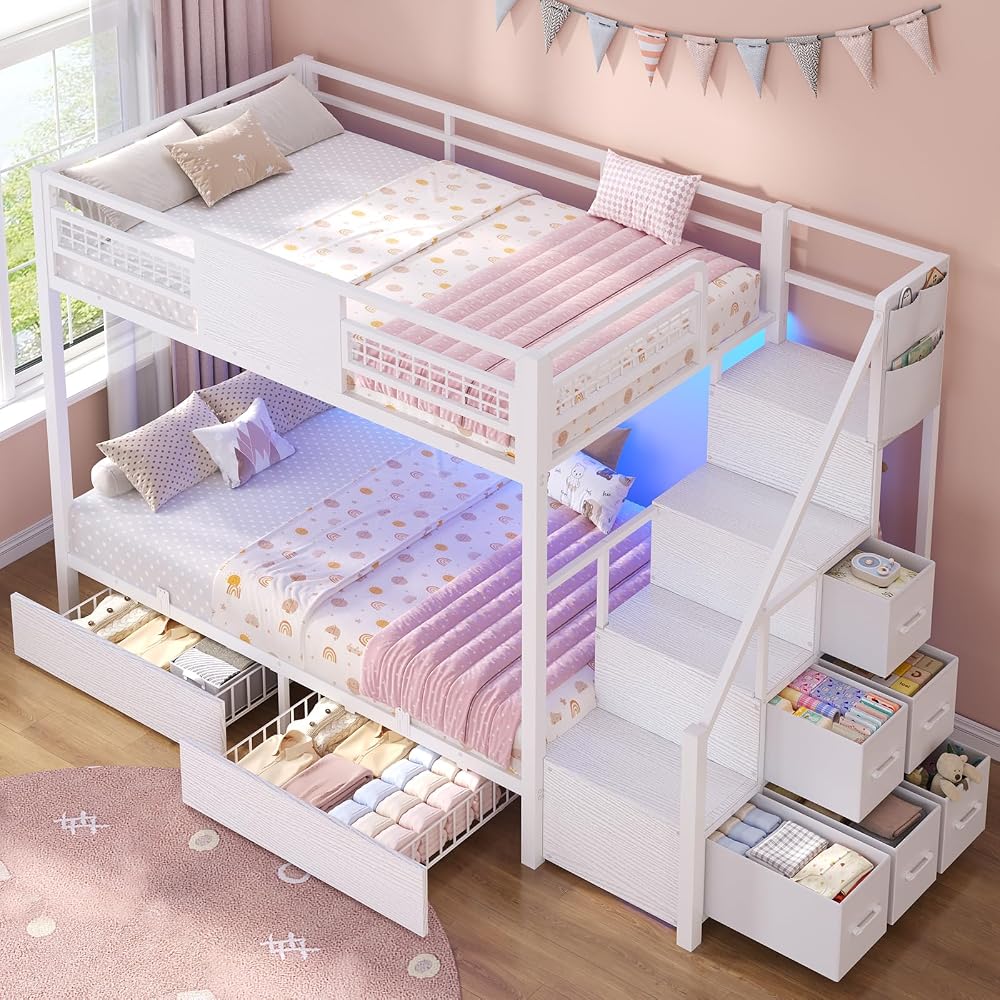 BTHFST Bunk Bed Twin Over Twin with Stairs, Storage Drawers and LED Lights