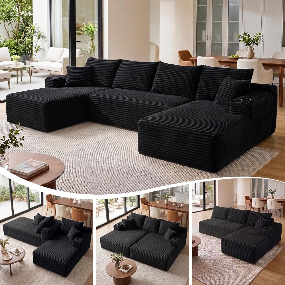 Rossetta 134" U Shaped Sectional Sofa, Boneless Sofa Corduroy Modular Couch