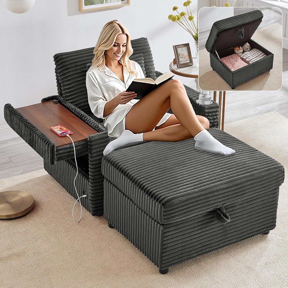 Chaise Lounge Chair Indoor with Ottoman, Corduroy Sofa Bed with Table Board, USB Ports, Cup Holder & Pillow, Boneless Chaise Lounge for Storage Space Living Room Bedroom Apartment (Grey)