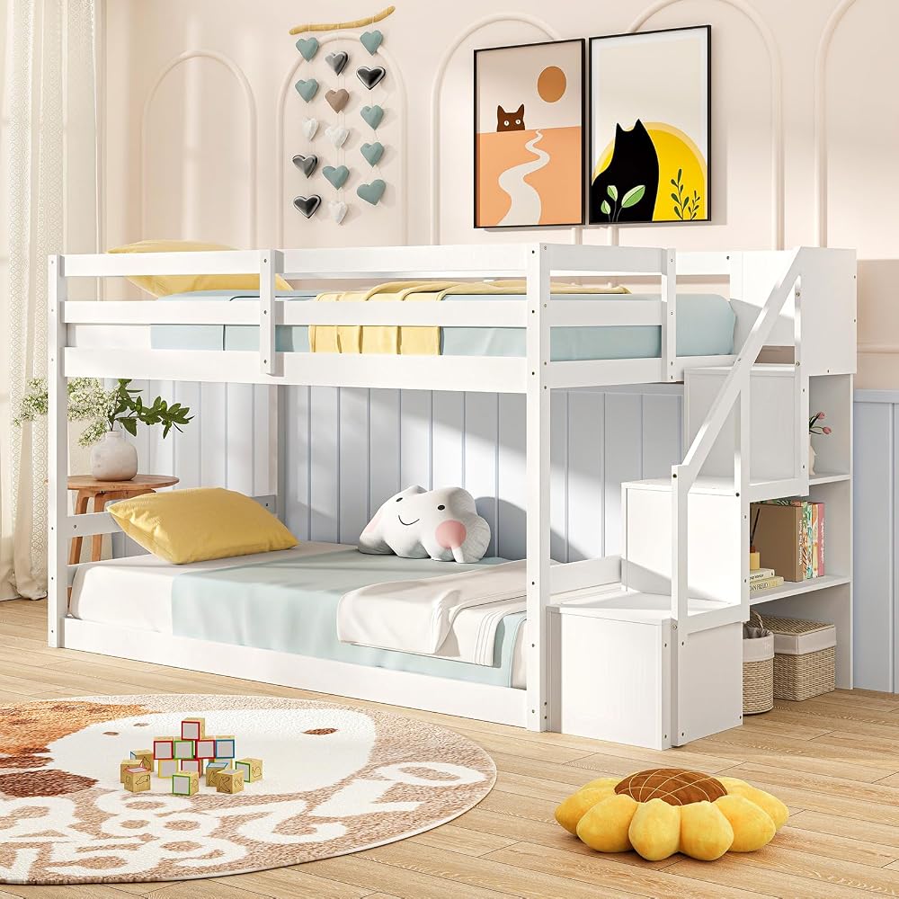GIANTEX Twin Over Twin Bunk Bed with Stairs, Solid Wood Floor Bunk Bed with Storage Staircase & Full-Length Guardrails, Low Bunk Bed with for Kids, Teens, Adults, Dorm, Small Space, White