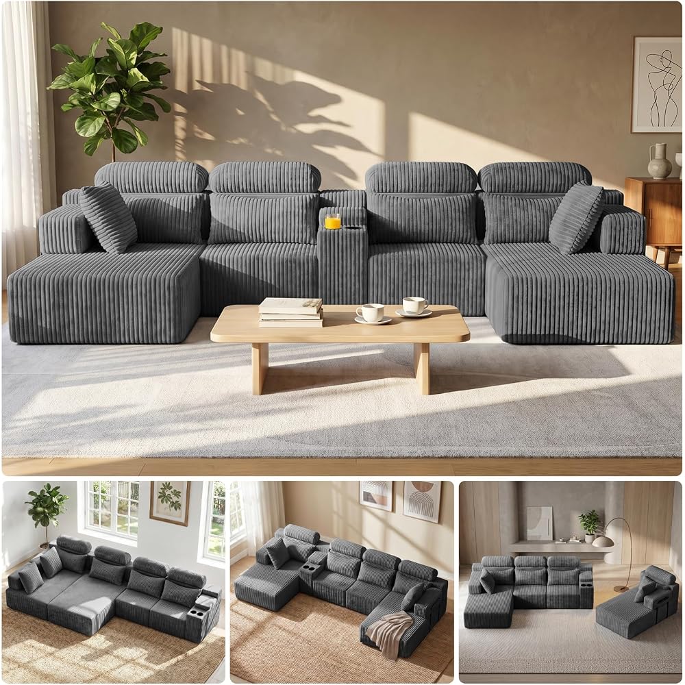145.7" U Shaped Sectional Cloud Couches for Living Room, Corduroy Memory Foam Modular Boneless Sofa Couch with Storage Console & Cup Holder, Deep Seat, No Assembly, Dark Gray