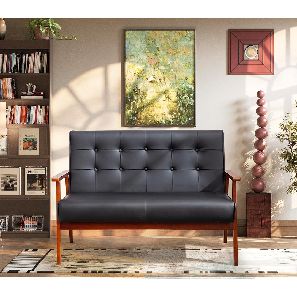 STHOUYN Black Small Leather Couch, 2 Seater Loveseat with Wooden Armrest