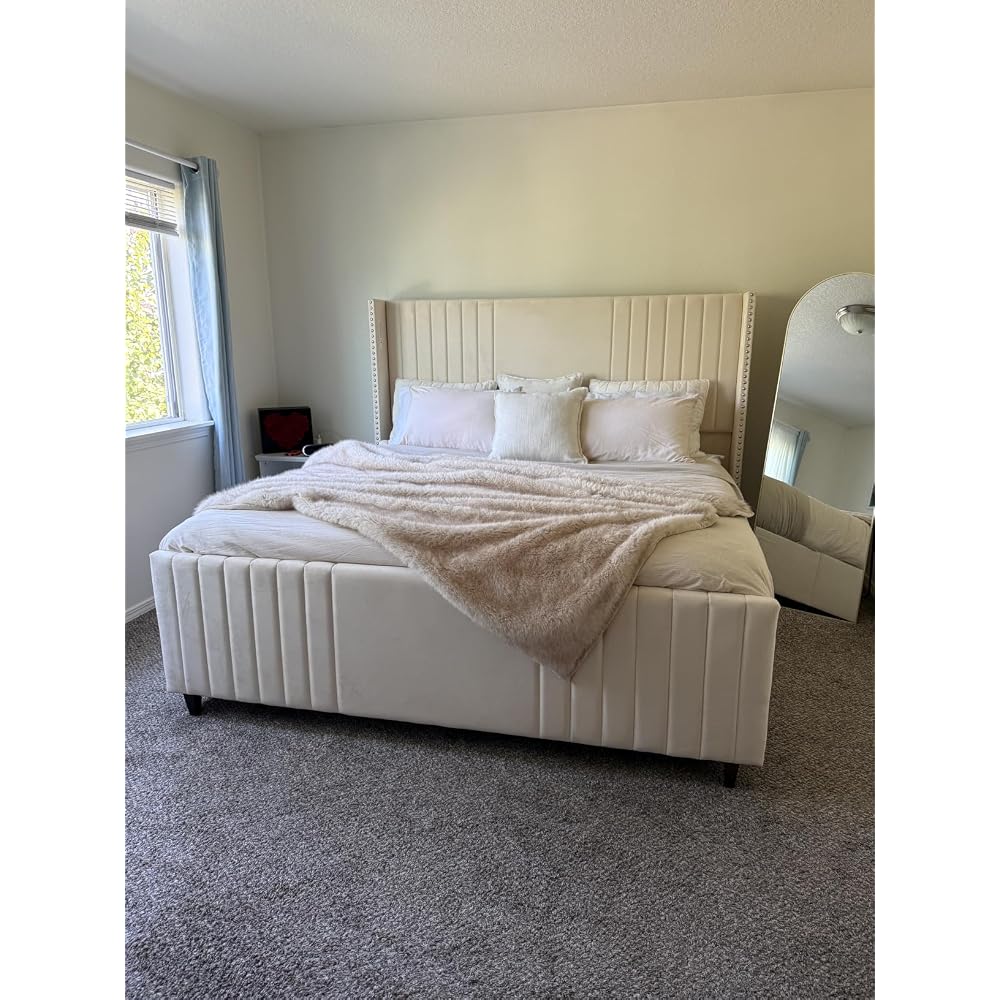 Belffin 59" Tall Queen Size Platform Bed Frame with 2 Touch Lights, Beige