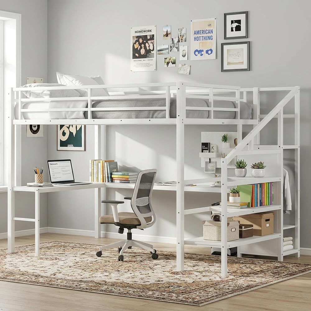 Twin XL Metal Loft Bed with L-Shaped Desk and Storage Stairs, White