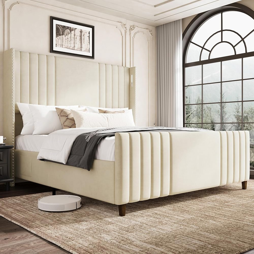 Belffin 59" Tall Queen Size Platform Bed Frame with 2 Touch Lights, Beige