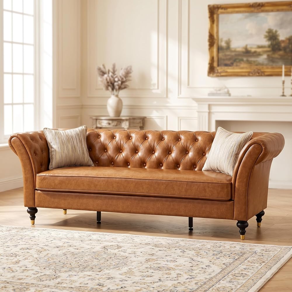 88.5" Chesterfield PU Leather Sofa, 3 Seat Tufted Couch