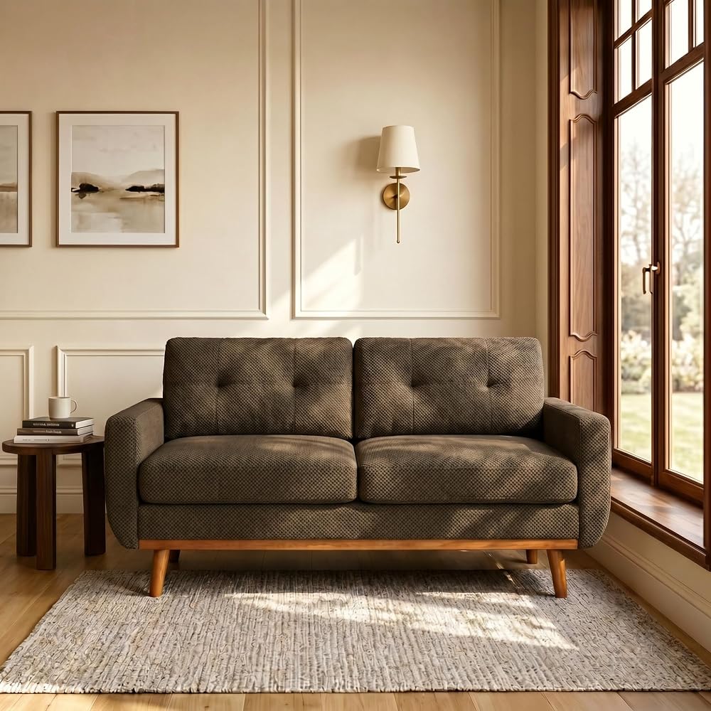 ZEIINPA 65" Mid Century Modern Loveseat Sofa, Knitted Fabric Small Couch with Tufted Backrest, 2 Seater Upholstered Settee with Solid Wood Legs for Living Room, Apartment, Office, Coffee Brown