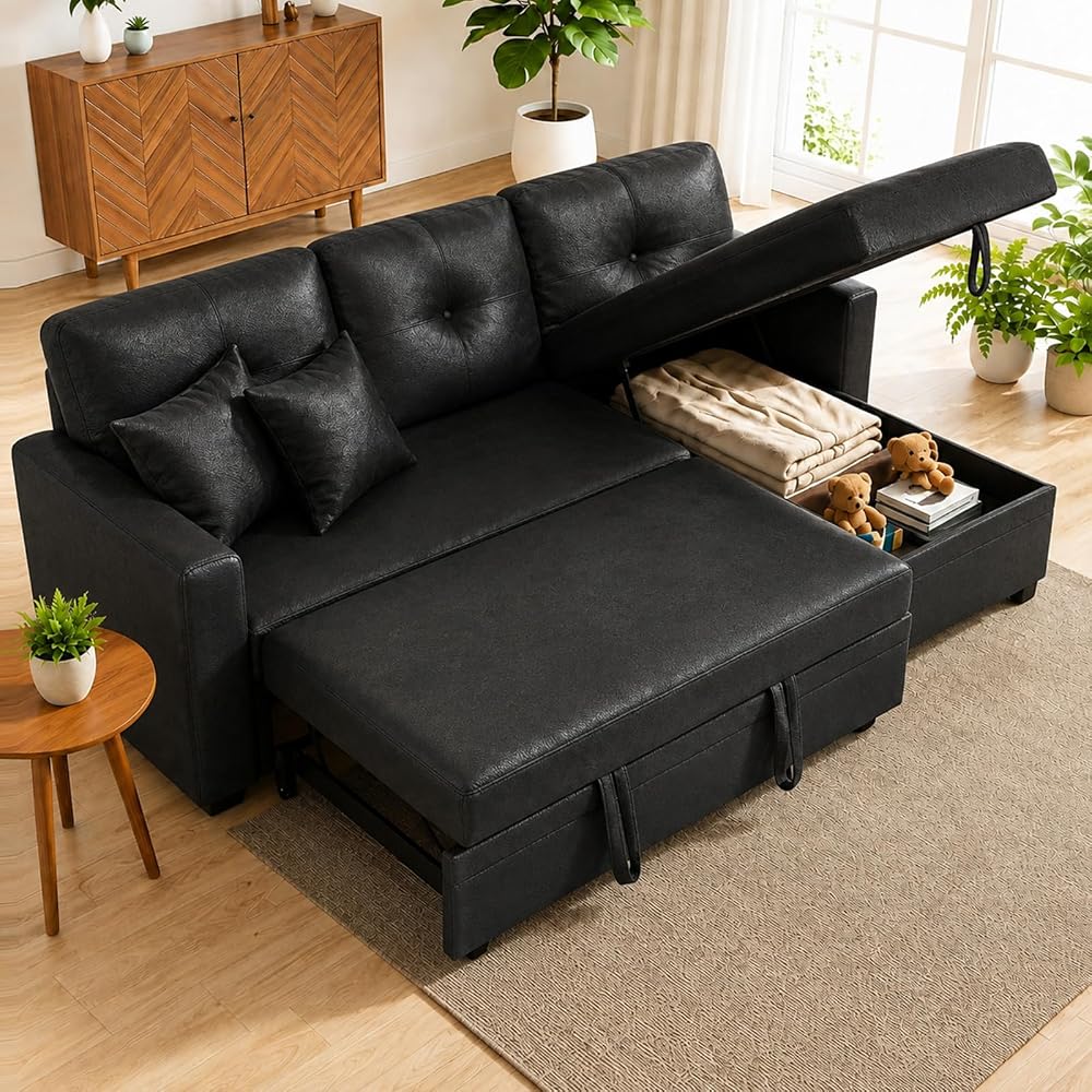 71'' L-Shaped Sectional Pull Out Sofa Bed with Storage Chaise Lounge, 3-Seat Convertible Cloud Deep Seat Sleeper Sofas Couches for Living Room Apartment, Removable Cushions (Black, Faux Leather)