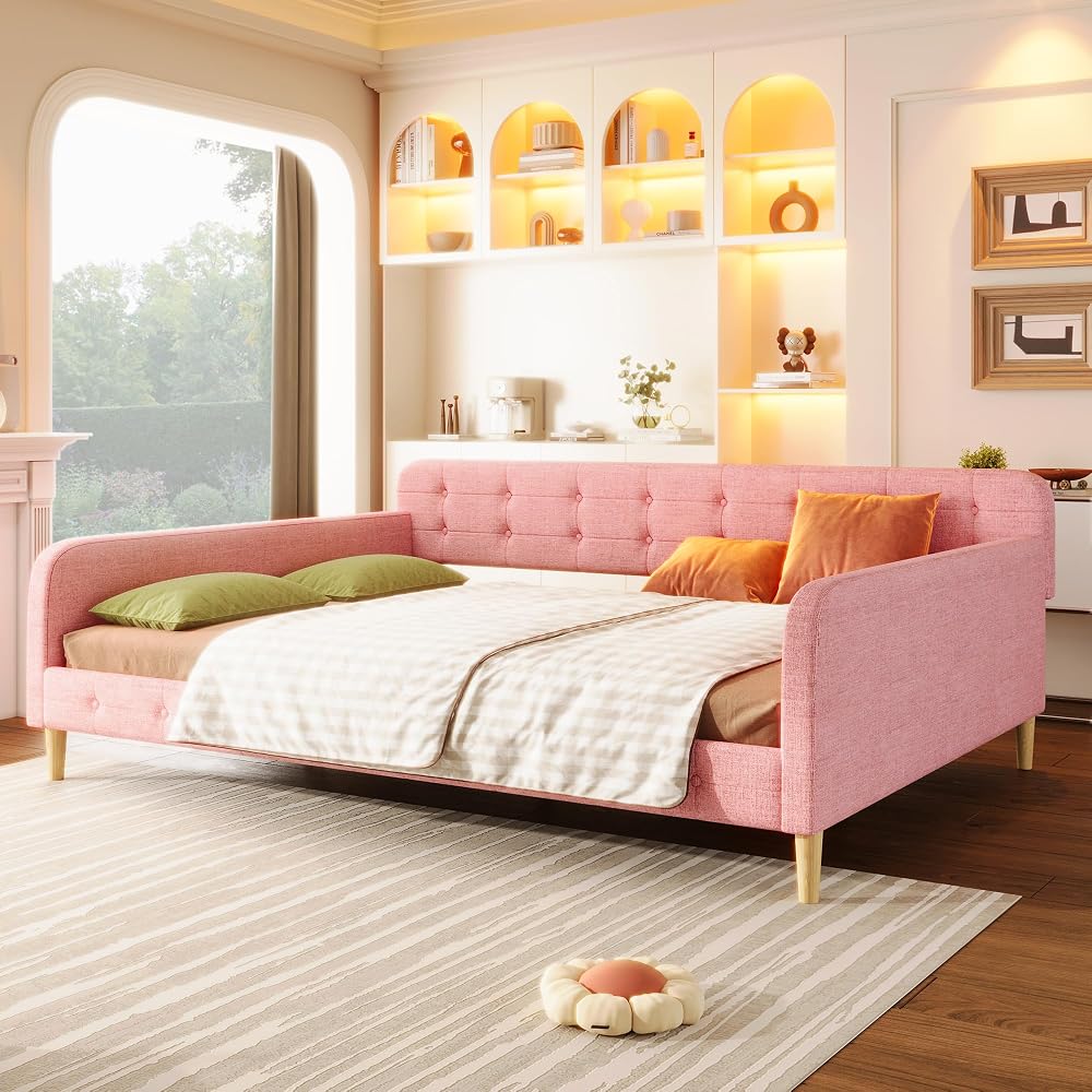 GDFStudio Queen Size Upholstered Daybed with Linen, Solid Pine Wood + MDF Frame, Foam-Filled Backrest, 4 Support Legs, No Box Spring Needed, Sturdy Queen Sofa Bed for Living Room or Guest Room, Pink