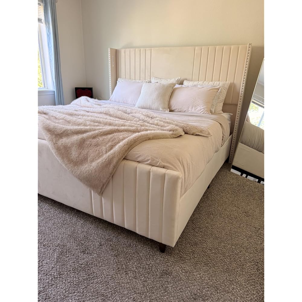 Belffin 59" Tall Queen Size Platform Bed Frame with 2 Touch Lights, Beige