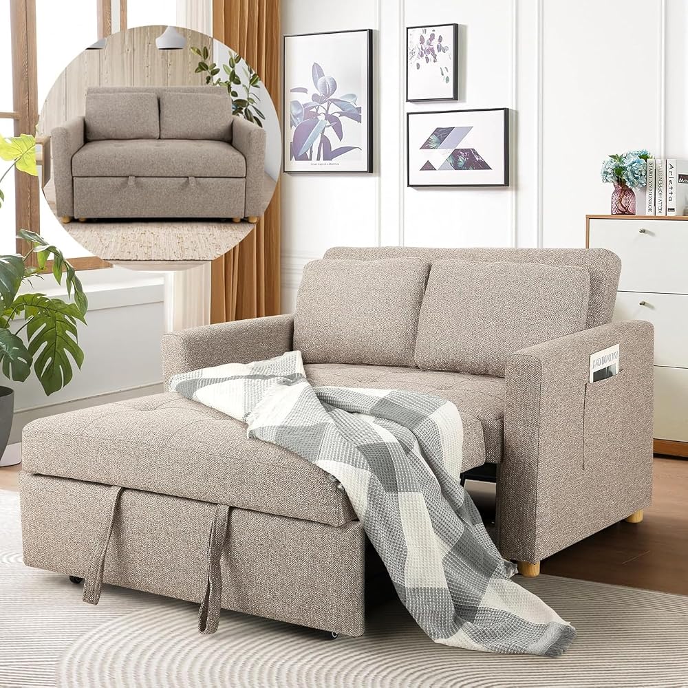 SEJOV Loveseat Sleeper, 3-in-1 Convertible Sofa Bed Pull Out, Brown Gray