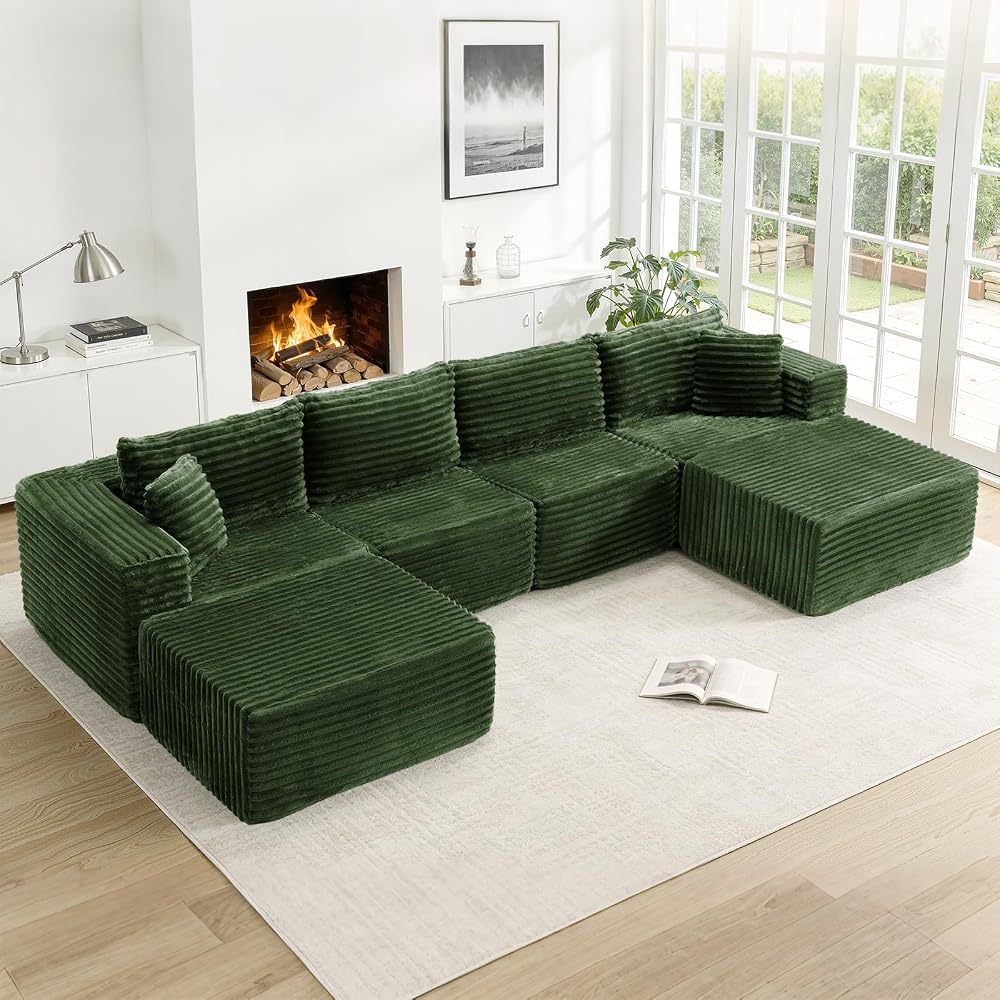137” Modular Sectional Sofa Couches U Shaped Couch 4 Seater Memory Foam Cloud Couches for Living Room, Boneless Couch with 2 Ottomans, No Assembly Needed Plush Corduroy Sofa