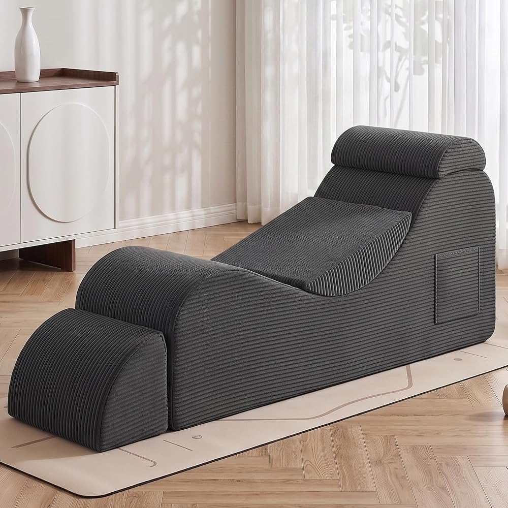 Convertible Yoga Chair for Adults, Ergonomic Lounge Chair Indoor with Side Pocket, Headrest, Waist Pad, Ottoman No Assembly Required(Grey)