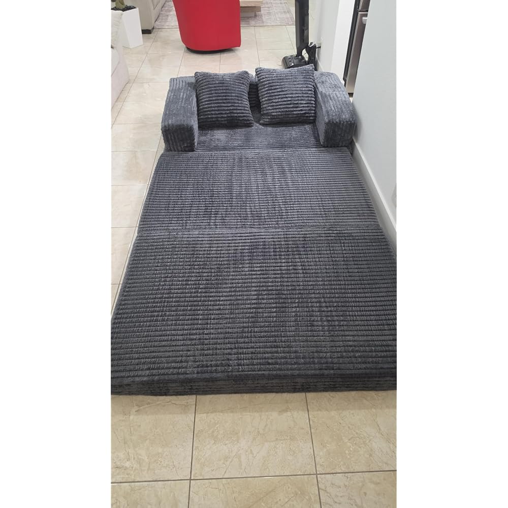 Boneless Loveseat Sofa Bed,Small Couch Bed Futon Sleeper Sofa,Convertible Pull Out Couch with Removable Armrests Backrest,Corduroy Folding Floor Boneless Couch for Living Room,Small Space,Black