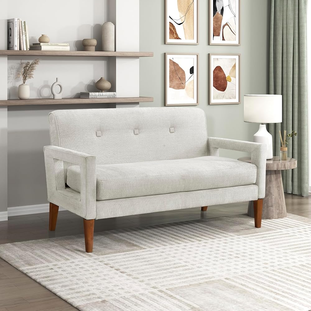 Lexicon Modern Loveseat, Chenille Fabric Upholstered with Button Tufted Backrest, Wrapped Square Armrests and Solid Wood Leg, Comfy Loveseat Sofa for Living Room, Beige