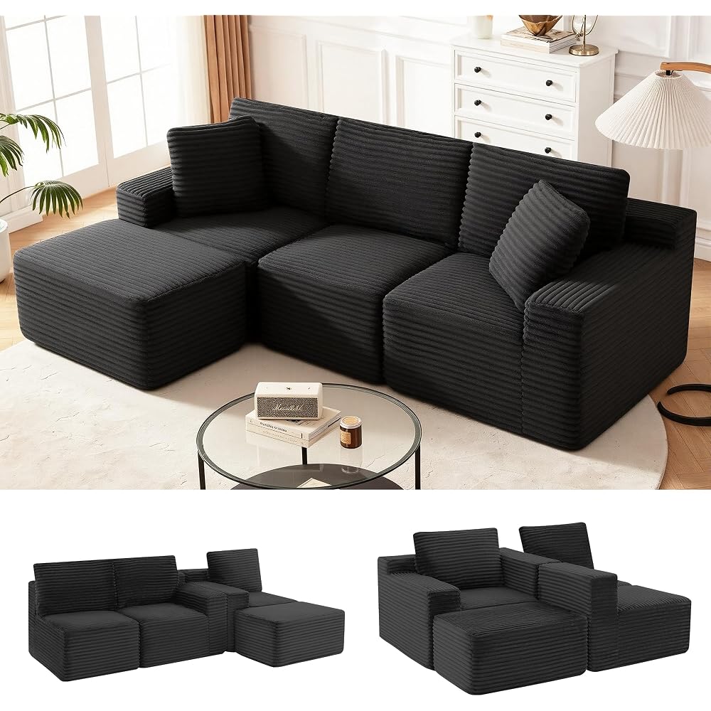 Modular Sectional Sofa, Black Boneless Couch for Living Room