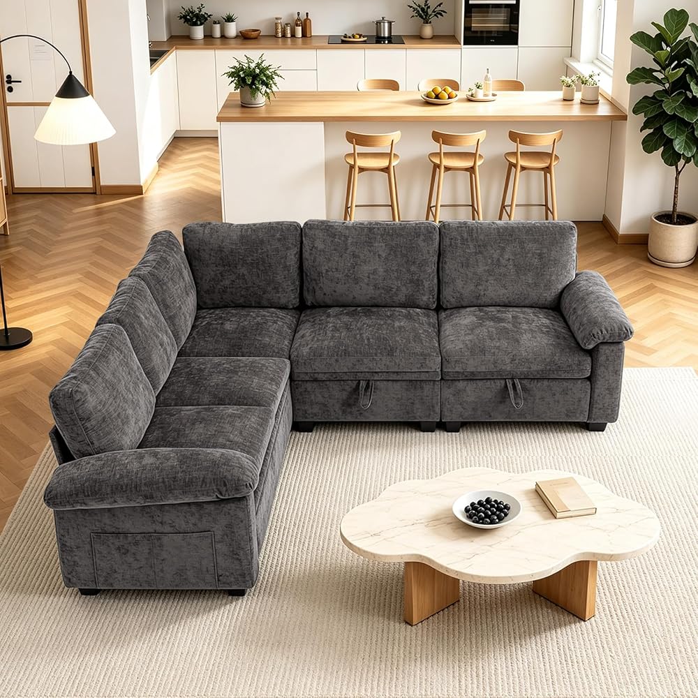 85'' Modular Sectional Sofa with Pull Out Bed, L‑Shaped Sleeper Sofa, Gray