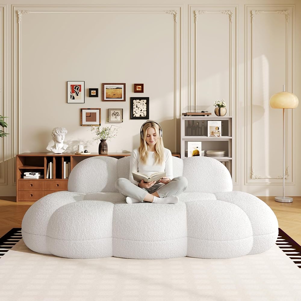 Floor Couch, Modern Curved Loveseat Sofa, Lazy Sofa Round Floor Sofas, Cloud Memory Foam Couches for Living Room, Apartment, Small Spaces (No Assembly, White)