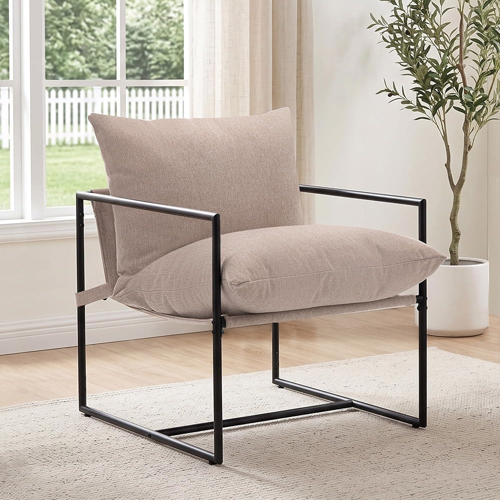 Modern Accent Chair, Upholstered Reading Sling Chair with Metal Frame and Soft Cushion,Stylish Lounge Armchair for Living Room, Bedroom or Office Seating, Oatmeal