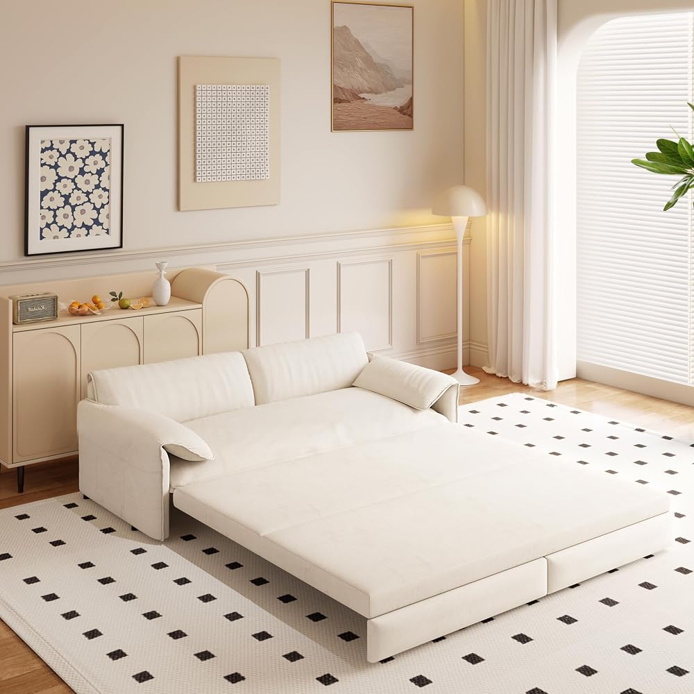 66'' Queen Size Sleeper Sofa Bed, Comfy Velvet Pull Out Couches, Beige