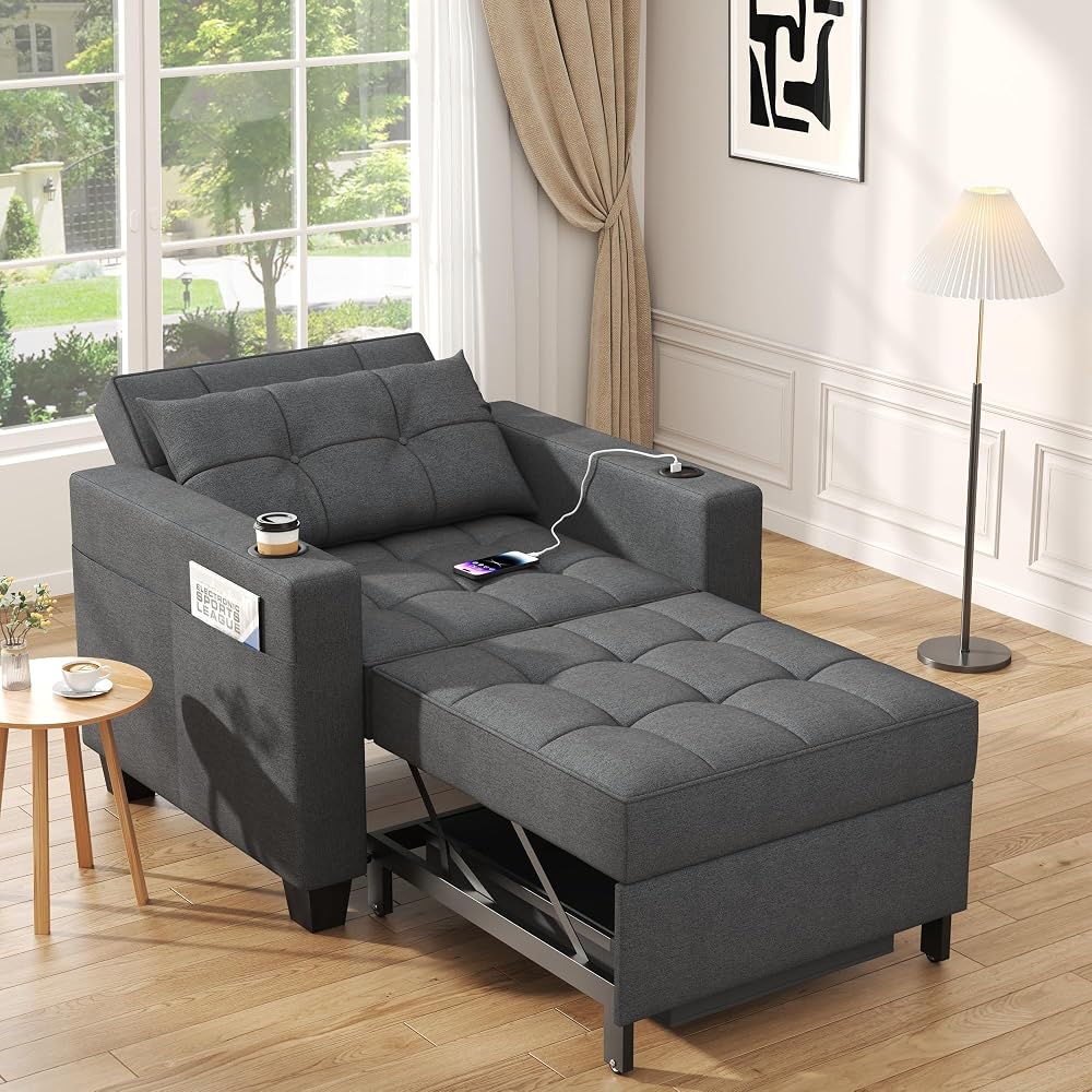 36" 3-in-1 Sleeper Chair, Convertible Pull Out Sofa Bed, Dark Gray Linen