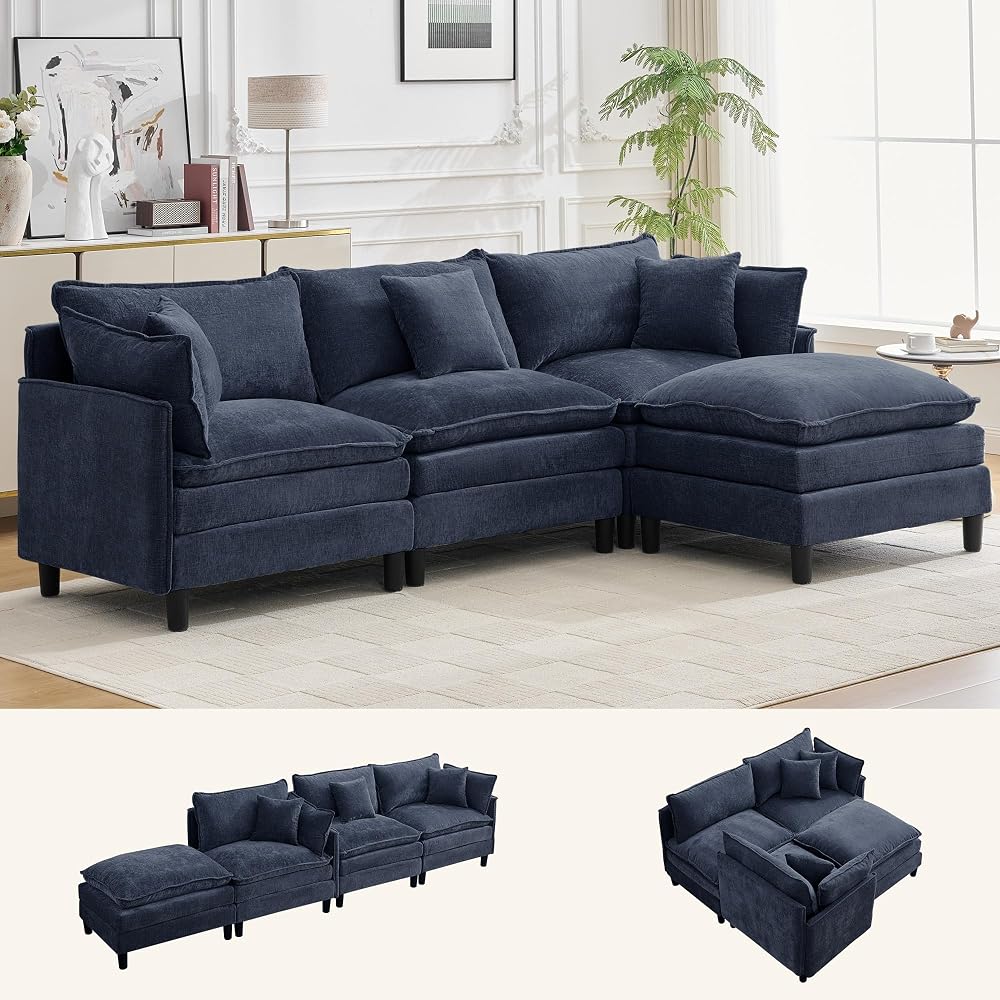 Korser 105" L-Shaped Modular Sectional Sofa, 3-Seater Cloud Couch with 1 Movable Ottoman, Modern Chenille Sofa Set with Removable Washable Pillows for Living Room, Bedroom, Apartment