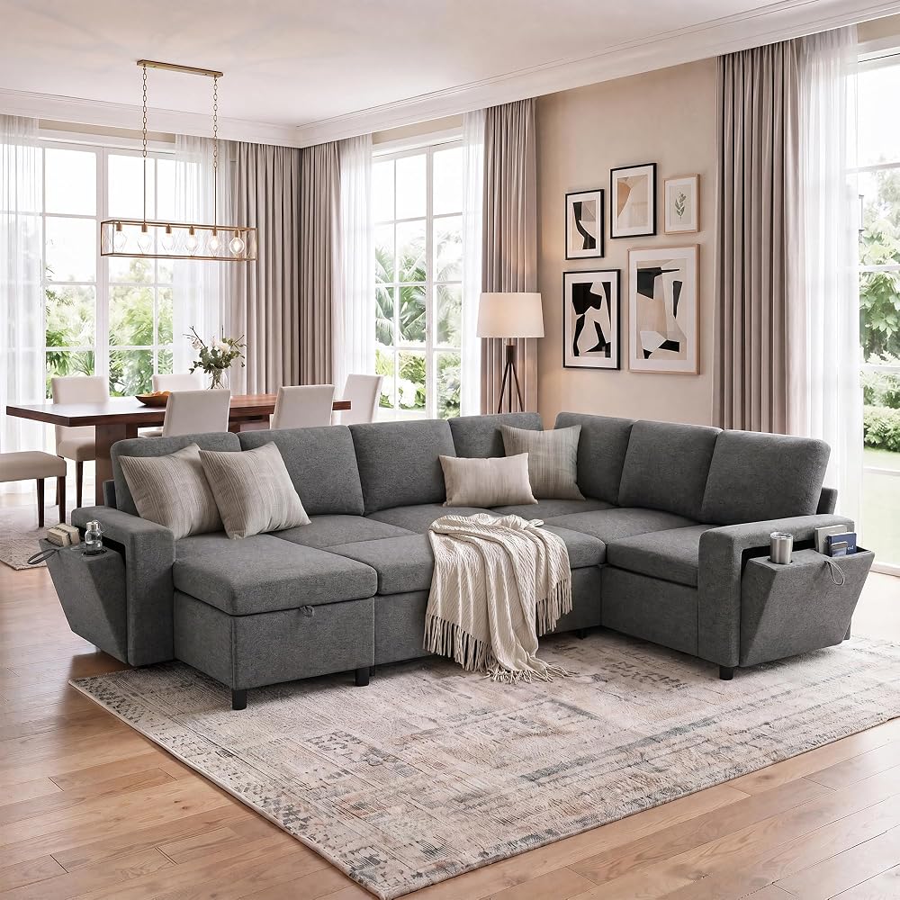Ball & Cast U Shape Sectional Sofa for Living Room,Chenille Cloud Couch with Dual-Port Charging and Cup Holders,7 Seater Sectional Couches W/Storage,Modular Upholstered Sectional Sofas,Grey,110"