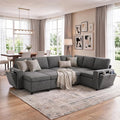 Ball & Cast U Shape Sectional Sofa for Living Room,Chenille Cloud Couch with Dual-Port Charging and Cup Holders,7 Seater Sectional Couches W/Storage,Modular Upholstered Sectional Sofas,Grey,110"