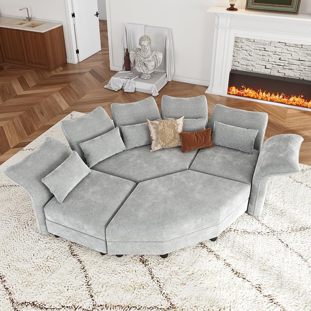 LLappuil 96” Modular Sectional Sofa, Small Corner Sectional Couches for Living Room with 6 -Side Storage Ottoman, Adjustable Armrest & High Back, Grey Chenille