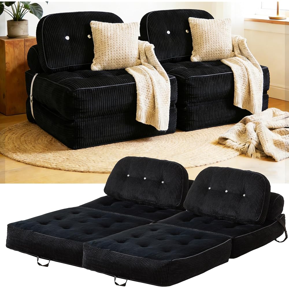 Compressed 2 Seater Sofa Bed,66" Flannel Modular Loveseat with Storage Pocket, 35D High-Resilience Foam, Thick Cushion Floor Couch for Small Spaces, Apartment, Bedroom, Living Room, Black