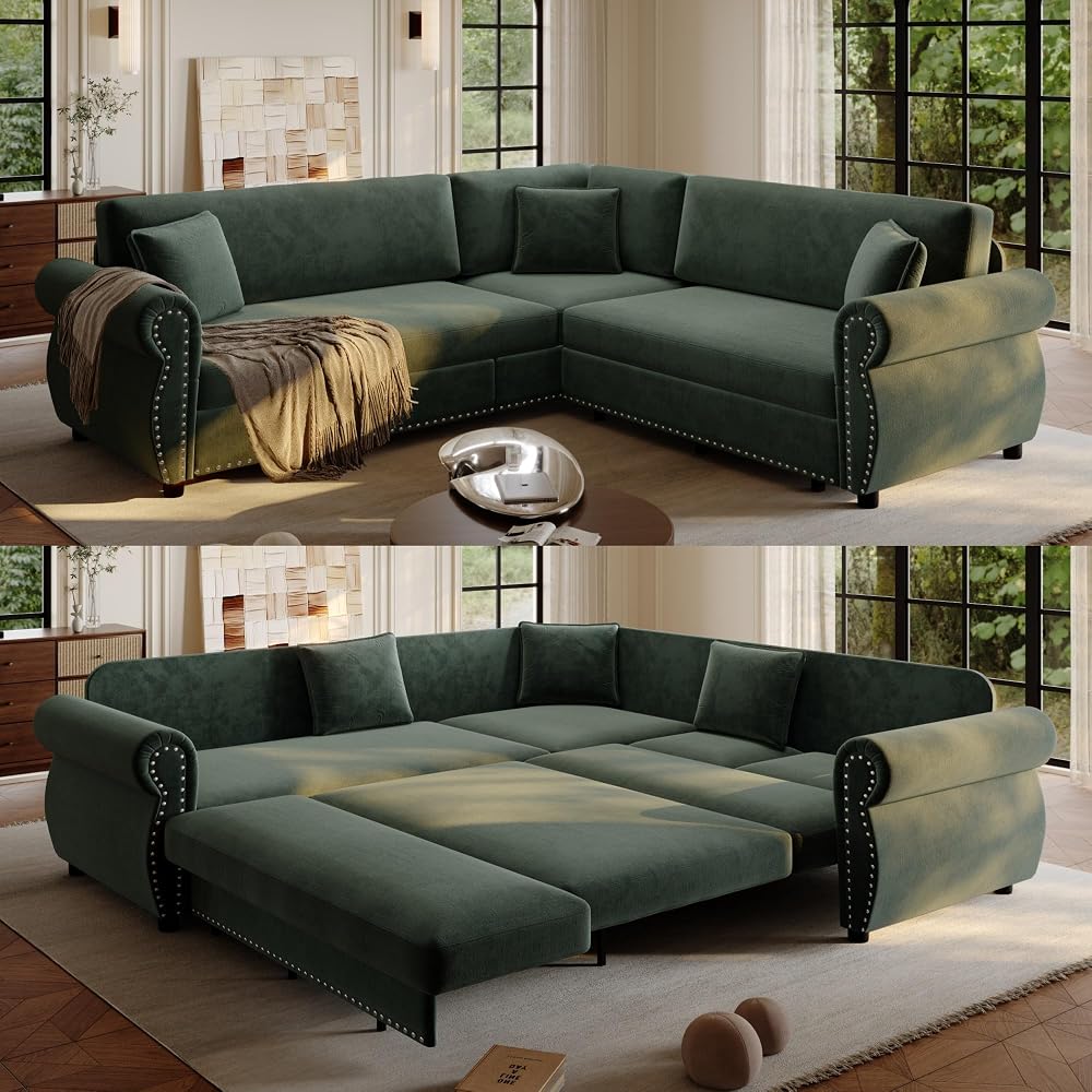 88.2'' Sleeper Sofa Bed, L Shaped Sectional Sofa with Pull Out Bed, Chenille Convertible Sectional Couches for Living Room, Oversized 5 Seater Couch with Nailhead Trim & Rolled Arm, Green