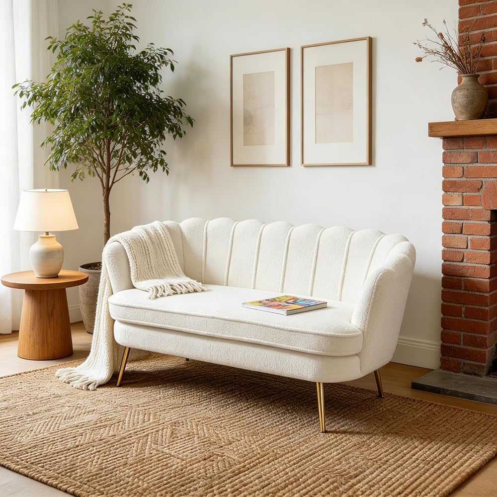 Aoiy & Wifon 59" W Comfy Small Loveseat for Small Spaces, Upholstered 2-Seat Settee Loveseat with Metal Legs, Boucle, Ivory