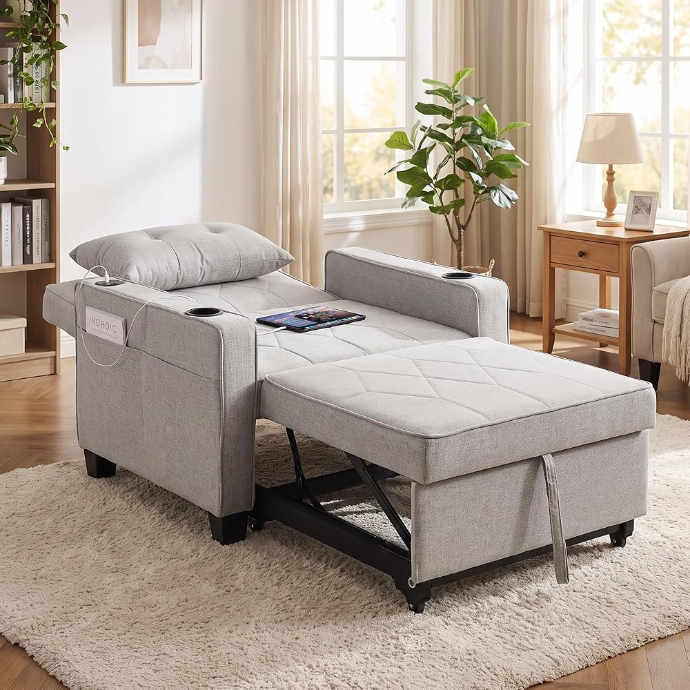 Sleeper Chair for Adults, Convertible Pull Out Sofa Bed with Charging, Grey