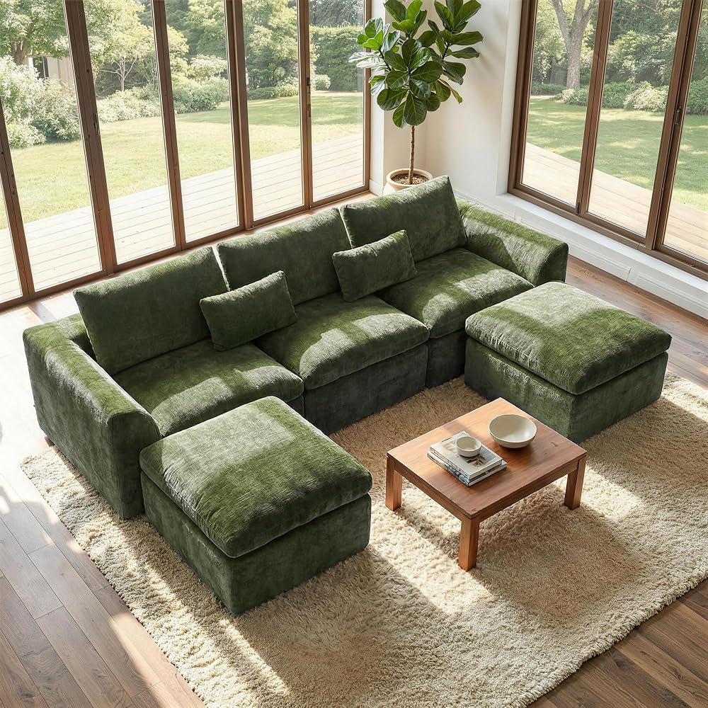 Modern Sectional Cloud Couch - 120'' Soft Modular Sectional Sofa – No Assembly Required - Deep Seat Couches with 2 Movable Ottomans - Oversized Chenille Sofa for Living Room - Green